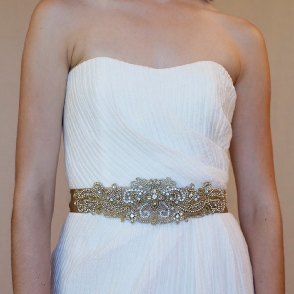 Gold Beaded Applique Sash on Black Ribbon